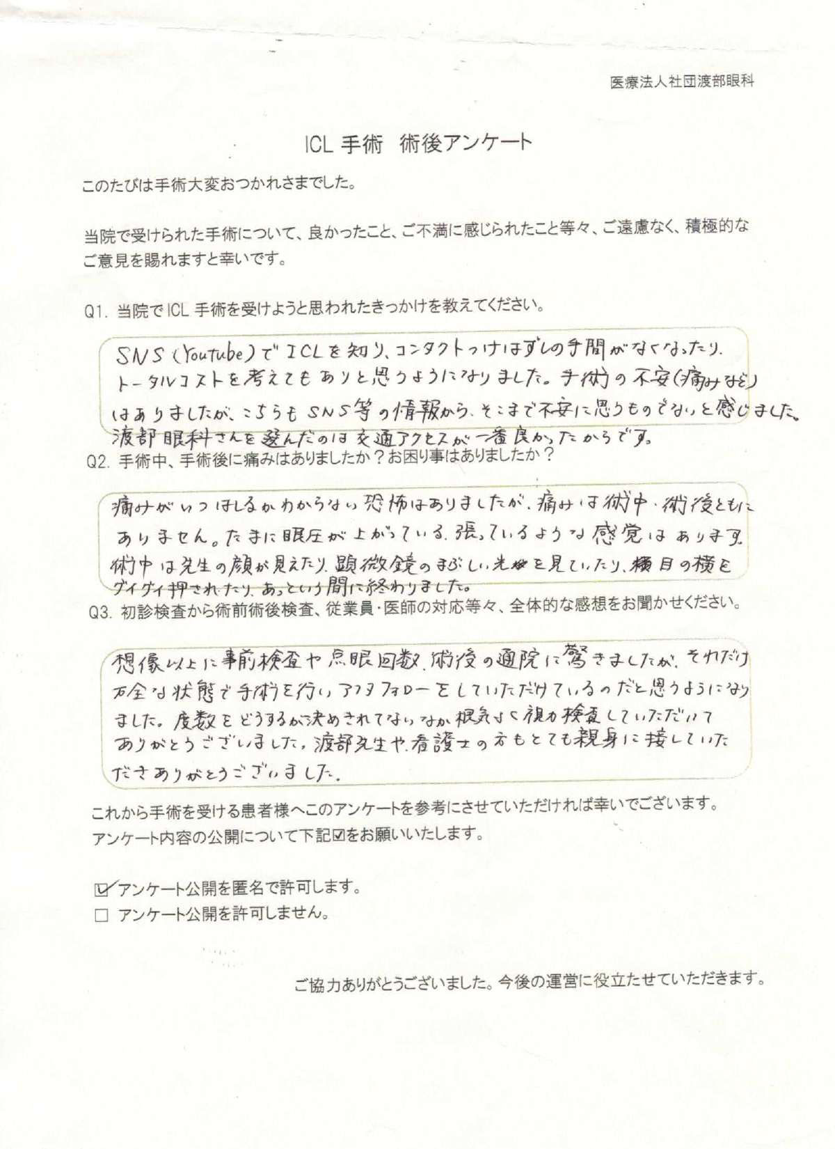 ICL手術 術後アンケート