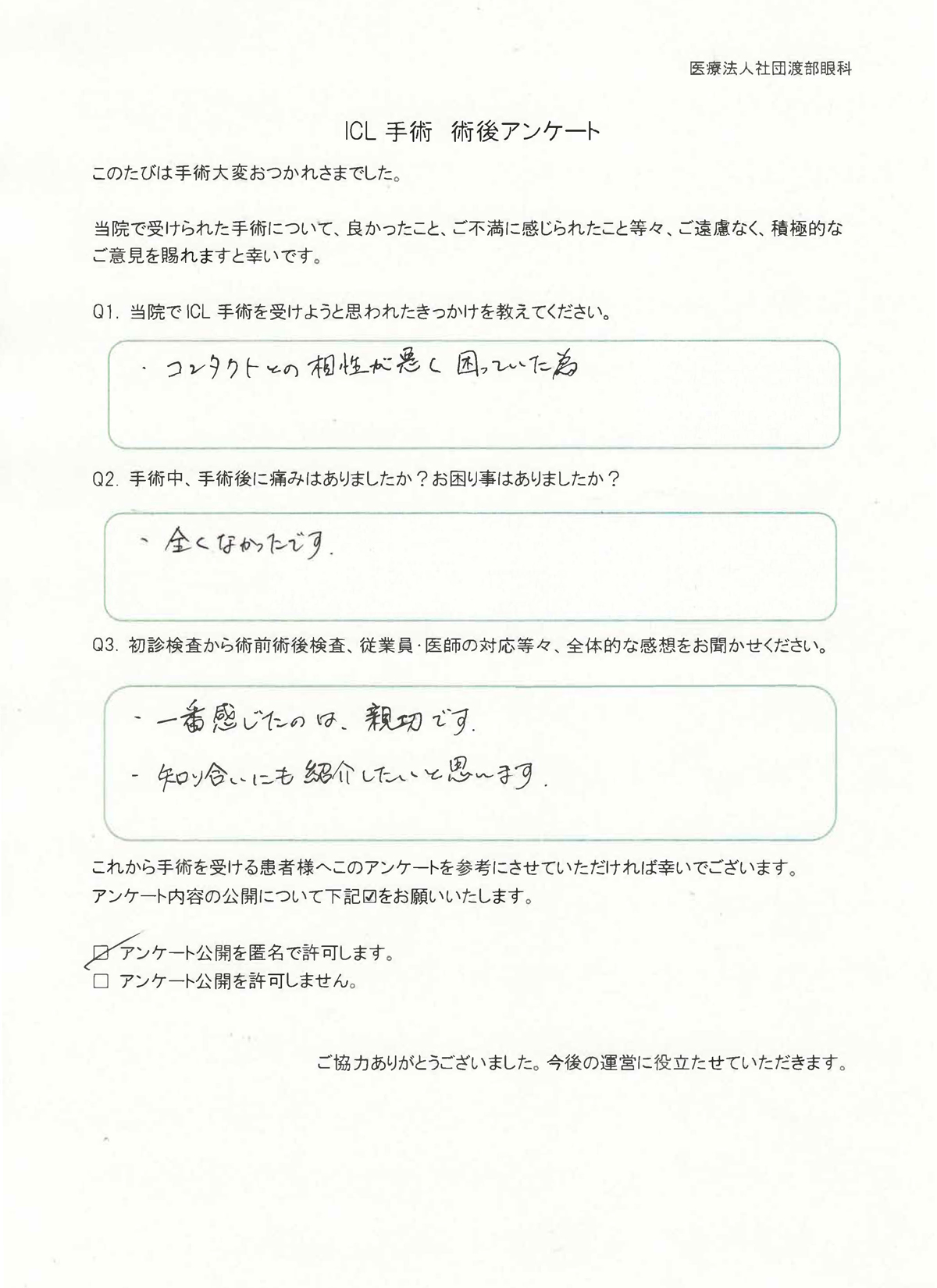 ICL手術 術後アンケート
