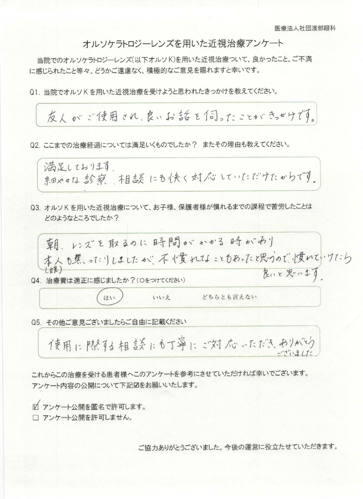 ICL手術 術後アンケート