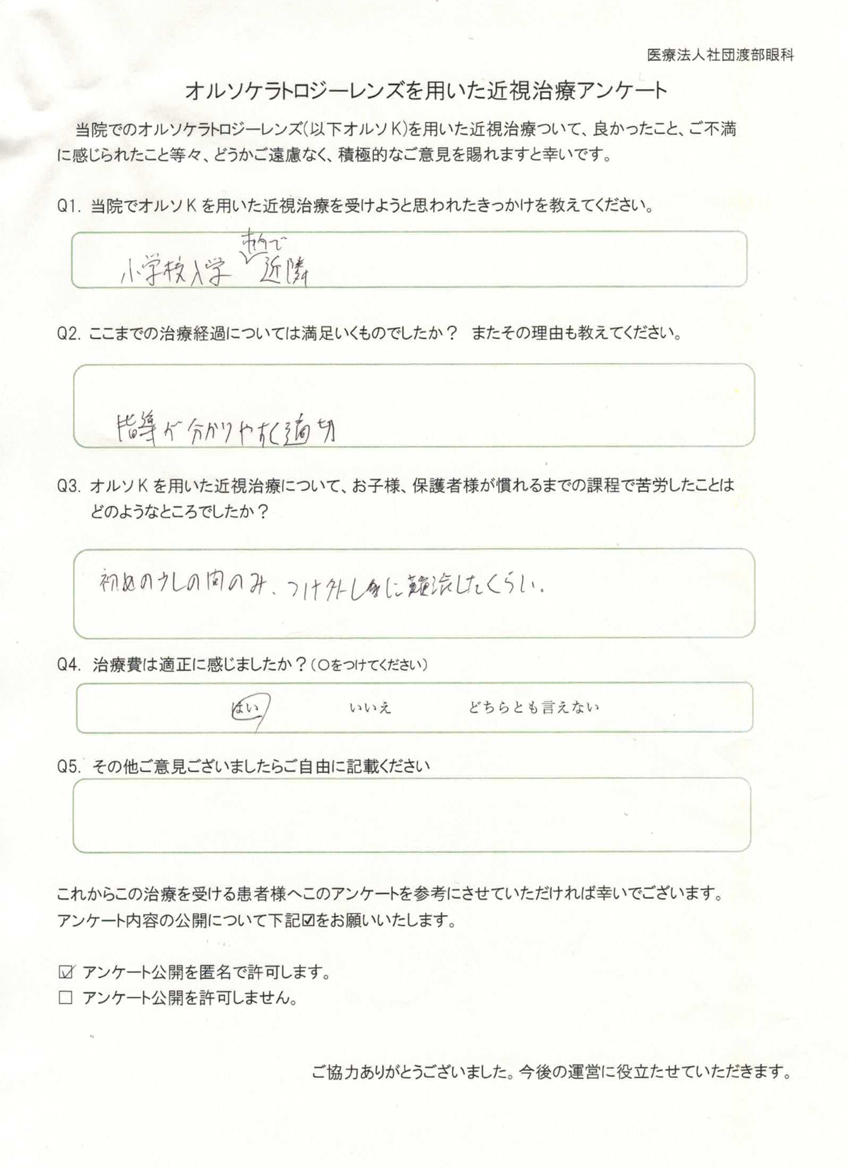 オルソケラトロジー治療 アンケート